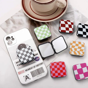 Plaid Checkerboard Pocket Cosmetic Mirror Two-side Folding Square Makeup Mirror Portable Mirror Creative Phone Holder