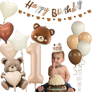 Bear Happy Birthday Banner Cute Bear Balloon Felt Retro Birthday Hat for Kids 1st Birthday Party Decoration Baby Shower Supplies