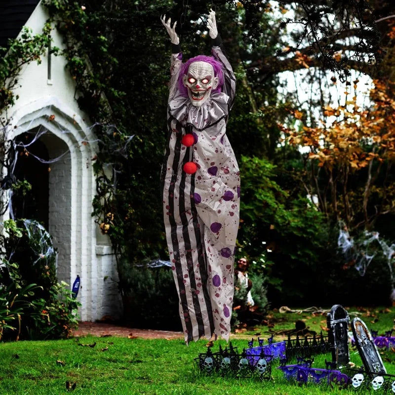 Halloween Hanging Clown Animated Decoration Glowing Eyes Creepy Sound Shaking Body Outdoor Haunted House Horror Prop 60 Inch
