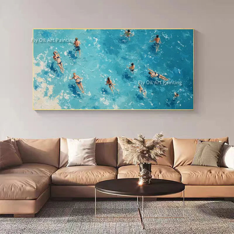 Modern Summer Handmade Large People Swimming In The Sea Canvas Oil Painting Special Seaside View Wall Art New Design Artwork