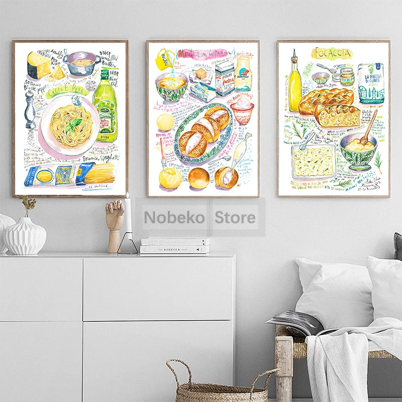Italian Food Recipe Posters Watercolor Colorful Italy Cuisine Prints Canvas Painting Wall Art Home European Kitchen Decoration
