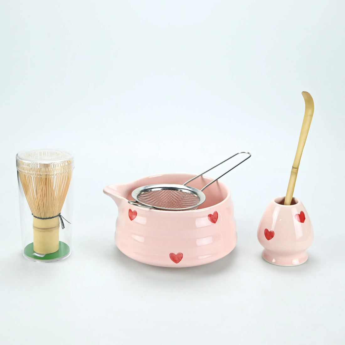 2/4/5pcs Matcha Whisk Set with Pink Heart Design, Matcha Set Includes Matcha Bowl, Matcha Whisk and Whisk Holder, Scoop, Sifter,
