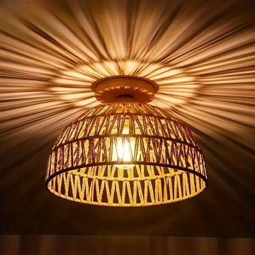 E27 Wabi-sabi Natural Hand-woven Wicker Lampshade Ceiling Lamp for Restaurant Teahouse Living Room Retro Vintage Ceiling Lamps