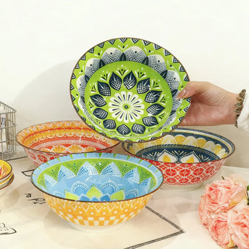 1/4-Piece Bohemian Ceramic Soup Bowl Set, 8-Inch Microwave & Dishwasher Safe, Ramen Pasta Salad Bowl