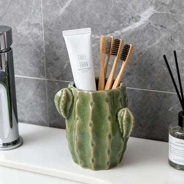 Cute Ceramic Cactus Toothbrush Holder Toothbrushes and Small Toiletries Organizer Multi Purpose Storage Rack Bathroom Accessorie