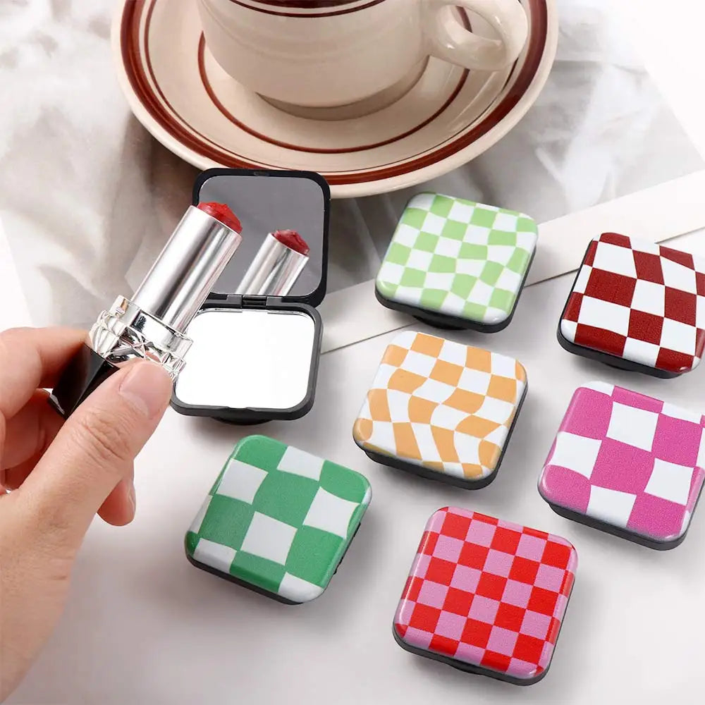 Plaid Checkerboard Pocket Cosmetic Mirror Two-side Folding Square Makeup Mirror Portable Mirror Creative Phone Holder