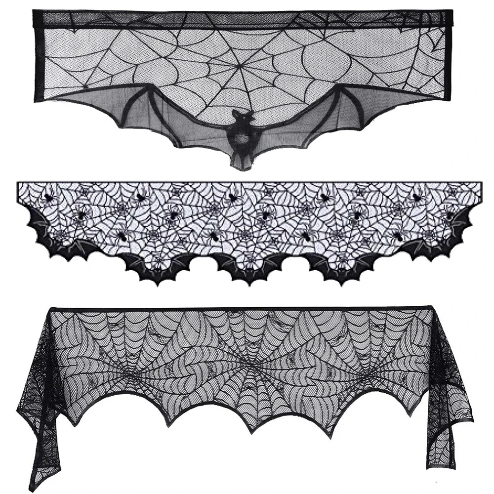 Halloween Table Runner Black Bat Spider Web Lace Tablecloth Fireplace Curtain for Halloween Party Decoration Horror House Props