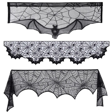 Halloween Table Runner Black Bat Spider Web Lace Tablecloth Fireplace Curtain for Halloween Party Decoration Horror House Props