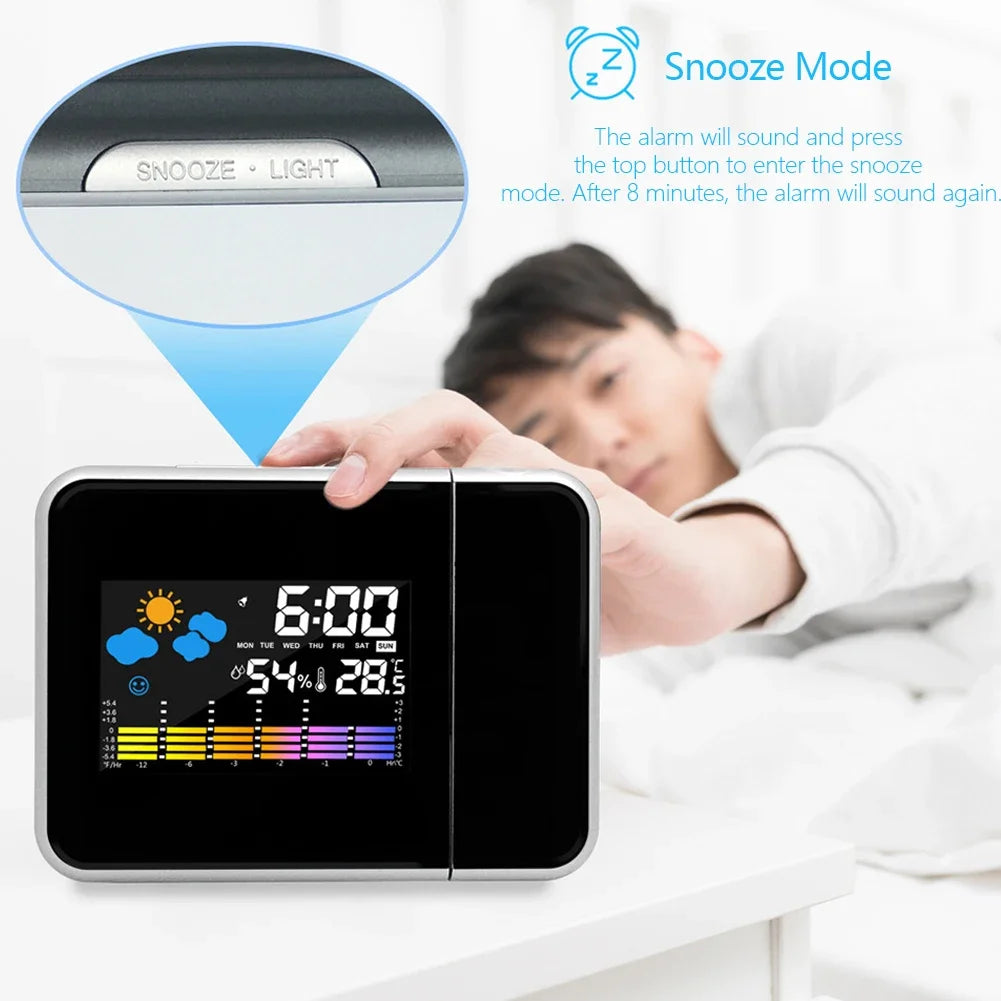 Smart Digital Projection Clock with Night Backlight and Weather Display for Home Bedroom and Living Room Use