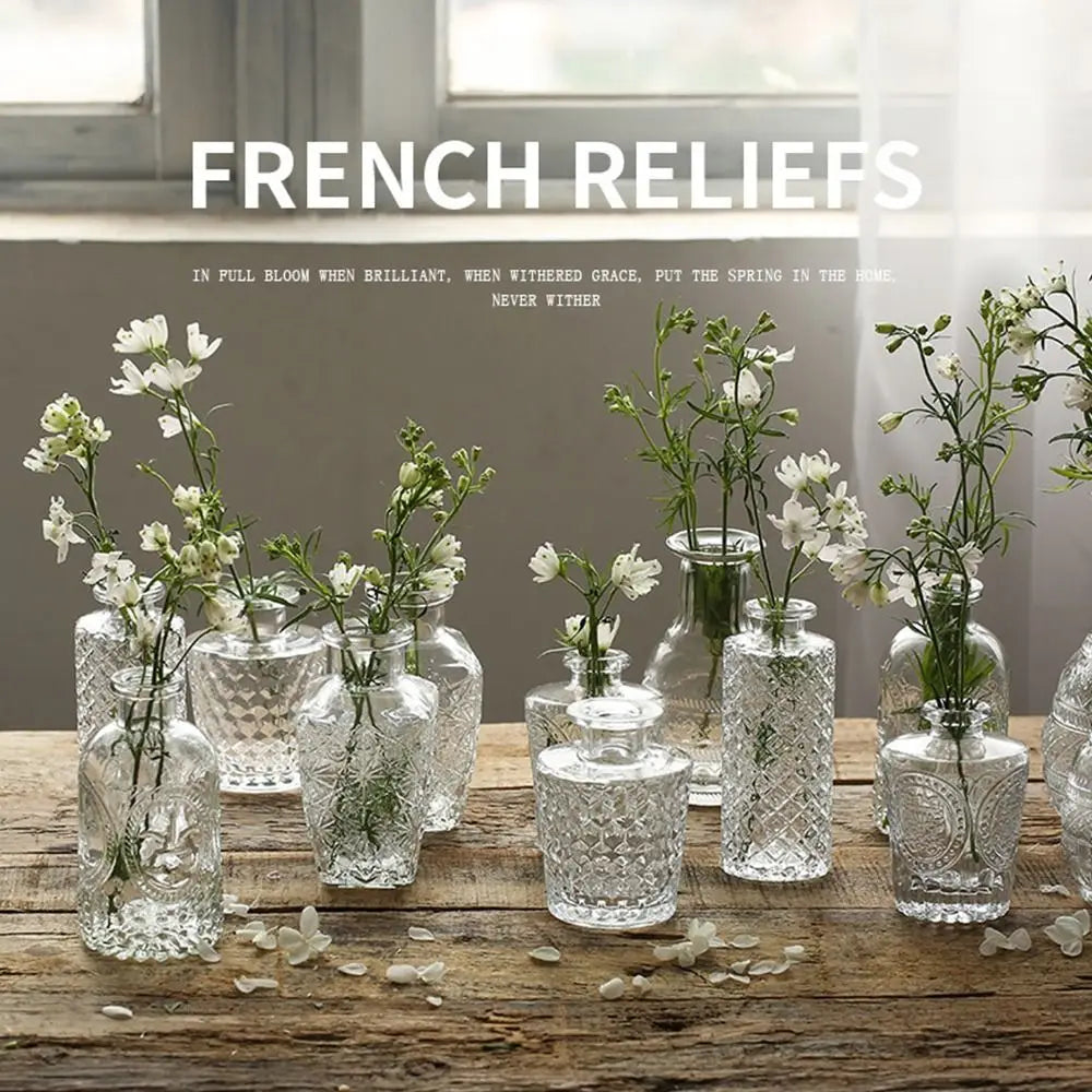Vintage Relief Vase INS Mini Glass Vase Transparent Hydroponic Plant Vase Desktop Ornaments Wedding Party Supplies Home Decor