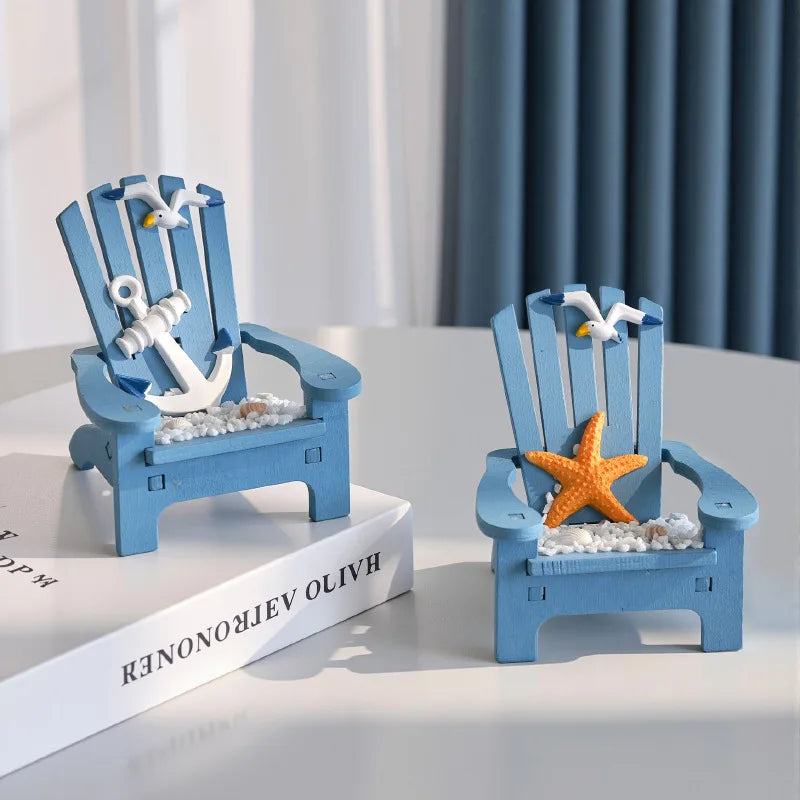 Mediterranean Style Wood Beach Chair Figurines, Mini Blue Chair Model for Garden Furniture Dollhouse Beach Themed Decorations