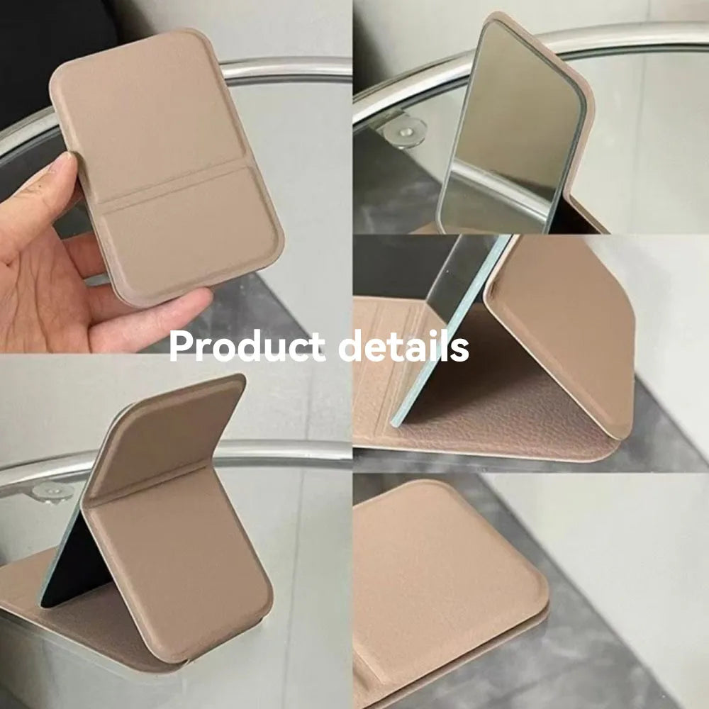 Desktop Makeup Mirror Solid Color PU Leather Simple Portable Handheld Makeup Mirror Foldable Student Compact Cute Pocket Mirror