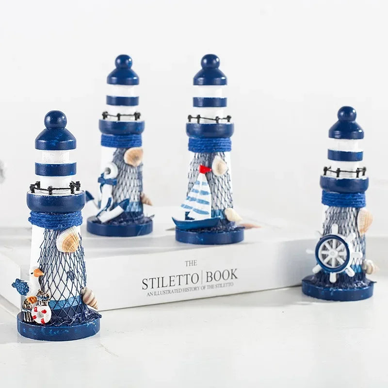 13cm 13cm Ocean Wooden Mini Lighthouse Ornament Mediterranean Style Home Decoration Wood Craft Gifts Happy Birthday Party Decor