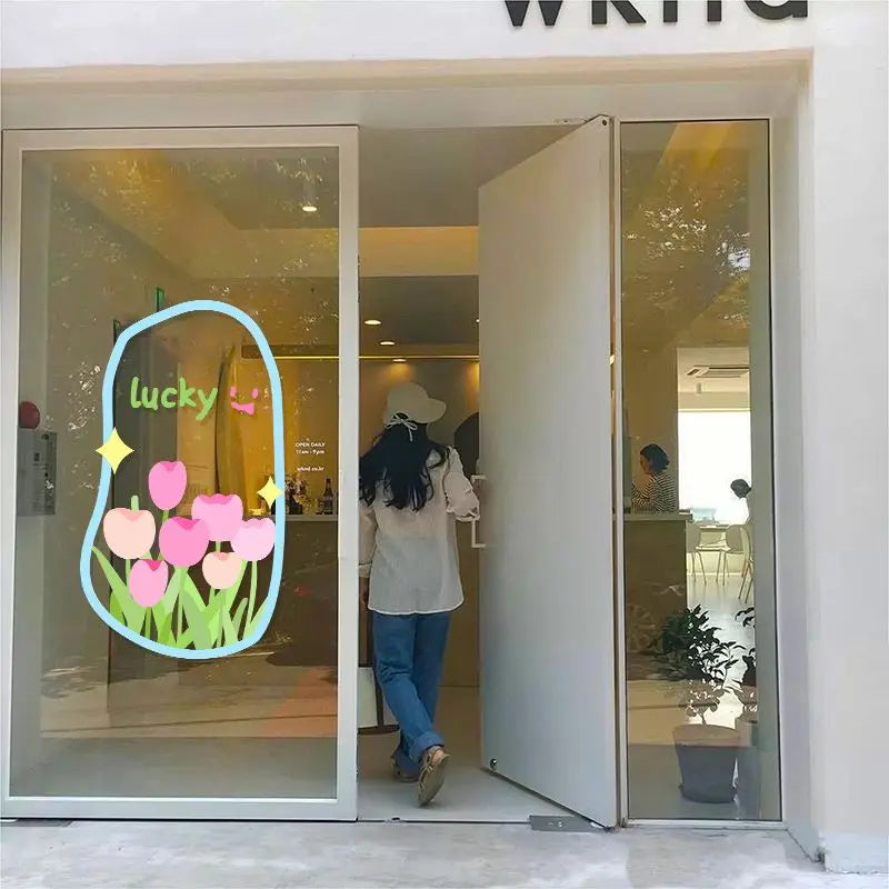 Lucky Tulip Flower Mirror Sticker Cake Coffee Tea Shops Window Glass Door Showcase Decorative Films Static Cling Adsorption DIY
