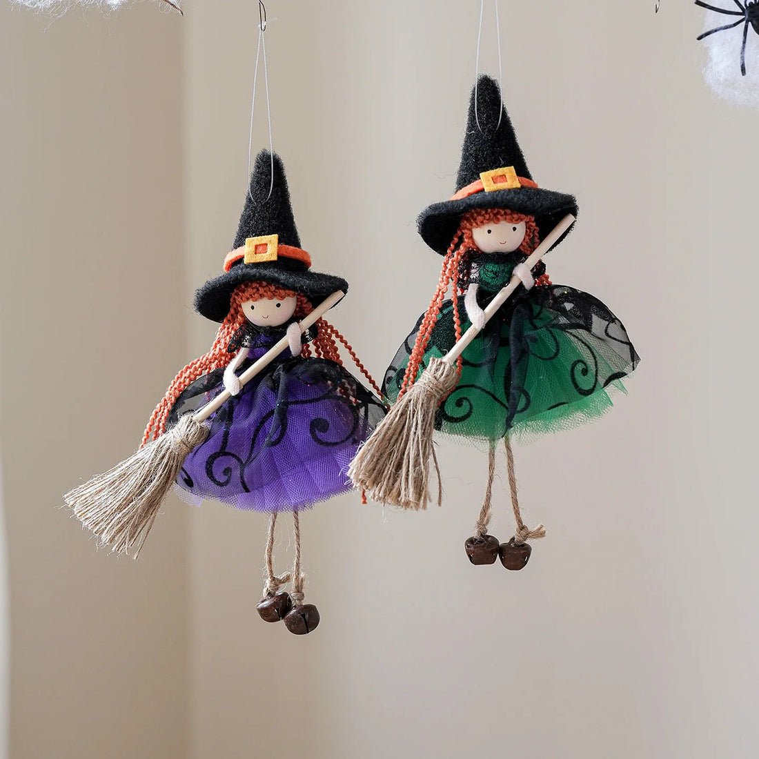 1pcs New Halloween Decoration Mesh Broom Girl Angel Hanging Ornaments Bell Hanging Foot Doll Home Halloween Party Kids Gift 2025