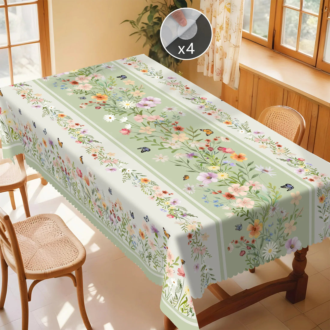 Spring Floral Themed Tablecloth, Fresh and Green Atmosphere, Colorful Floral Prints, Daisies, Morning Glory, Etc., Dancing Butterfly Pattern, Embossed Edges, Waterproof, Wrinkle-Resistant, Fade-Resistant, Suitable for Rectang