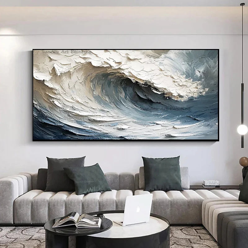 Dark Blue White Large Abstract Ocean Scape Canvas Artwork Hand Painted New Original Blue Grey White Waves Oil Painting Decor
