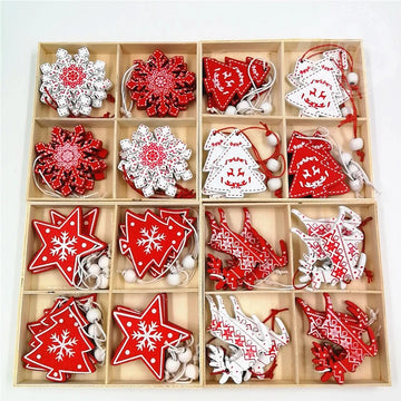 12-Piece Wooden Christmas Decorations Set - Pure Wood Pendants (Deer, Bells, Snowflakes, Stars) | Xmas Tree Ornaments