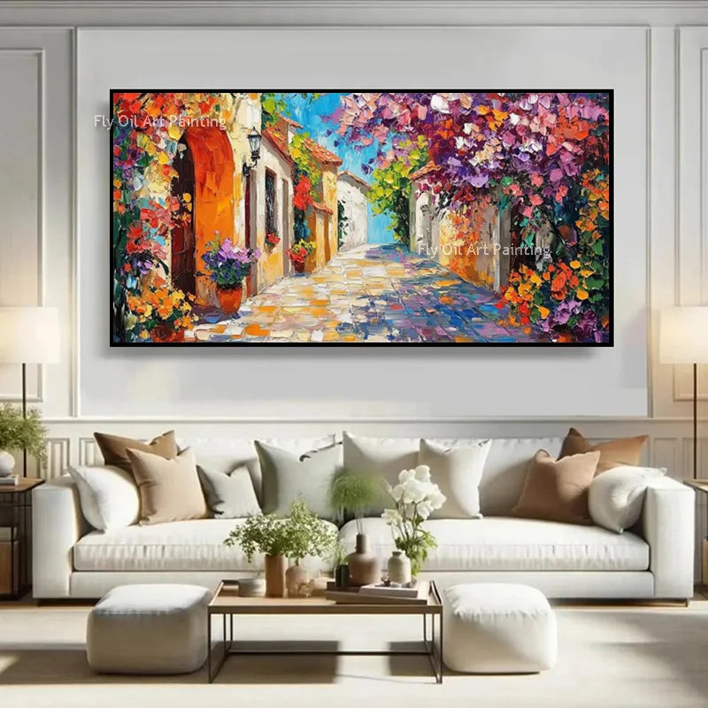Large Modern Popular Design Colorful City Road Landscape Canvas Oil Painting New Red Yellow Wall Art Decor For Living Room