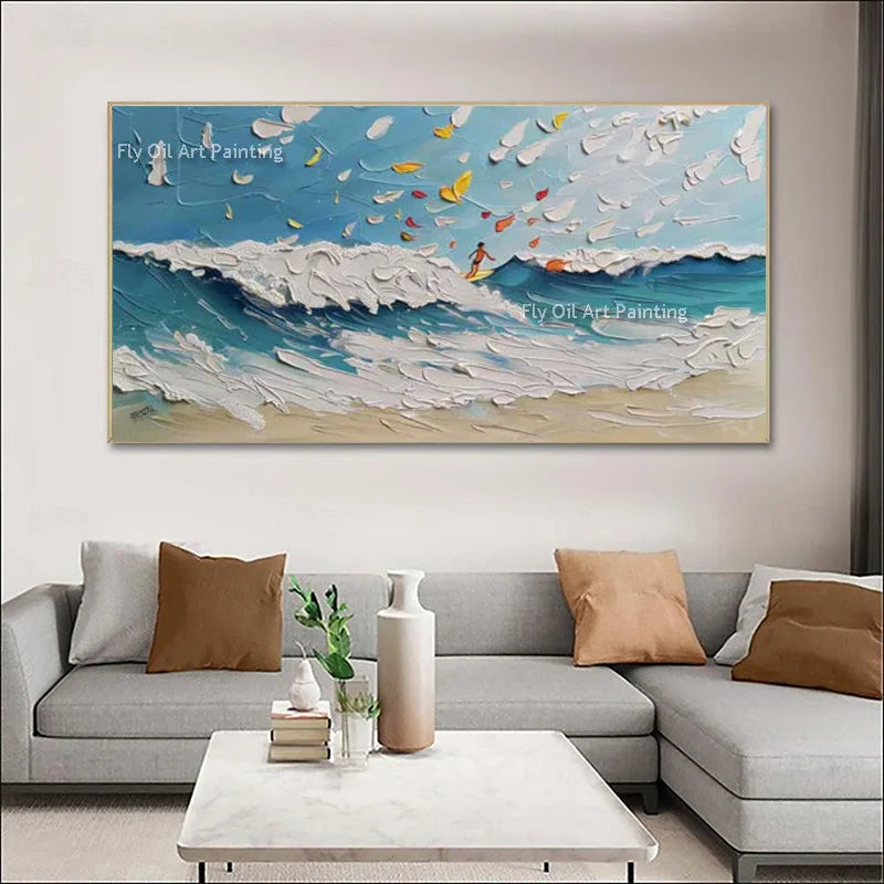 Large Summer Season Blue And Beige Seaside View Oil Painting Handmade People Play By The Sea Wall Art On Canvas For Room Decor