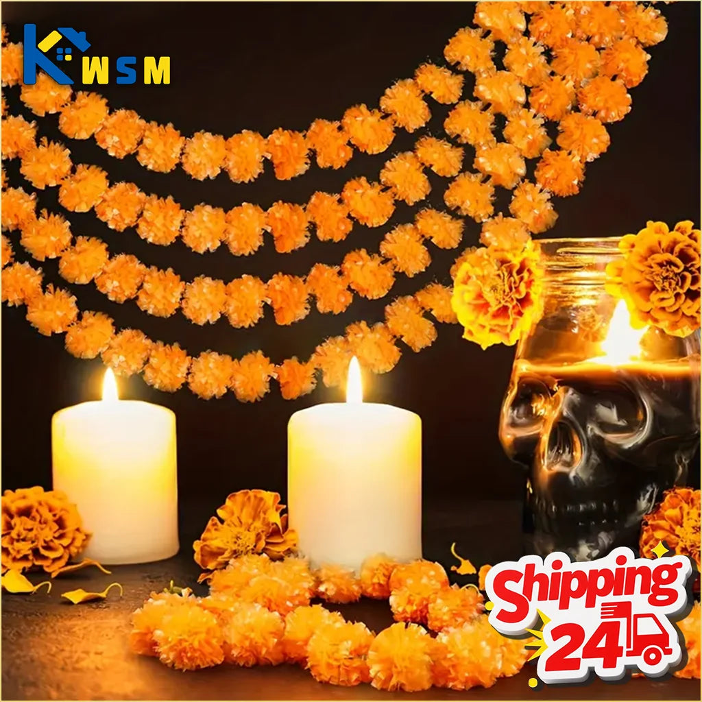 Artificial Marigold Flower Garland Plastic Wreath for Indian Diwali Mexican Day of the Dead Christmas Party Decoration