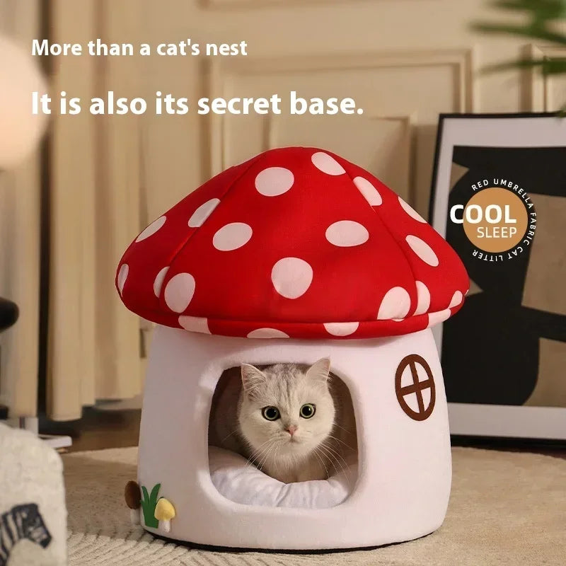 Red Umbrella Mushroom Bed Cat and Dog Room All-seasons Warm Cat House Enclosed Sense of Security Pet House Cat Accessories Gifts