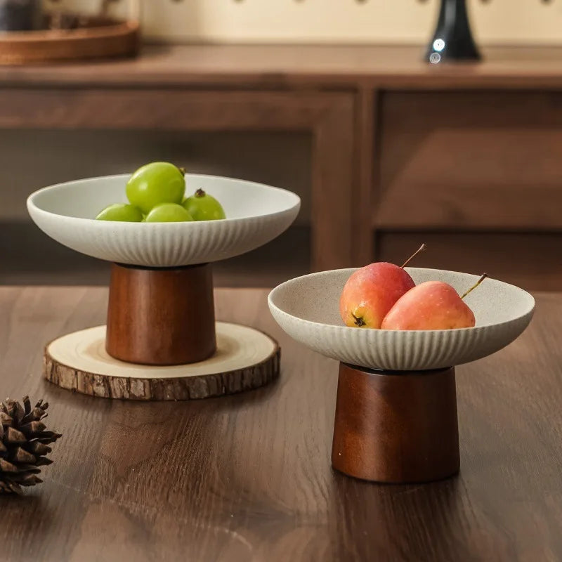 Coarse Pottery Ceramic Dim Sum Plate with Wooden High Foot Household Kitchen Zen Style High Foot Dim Sum Plate Snack Plate Trays