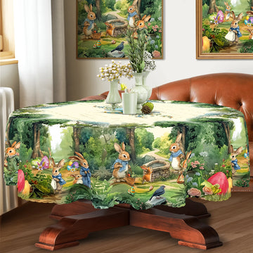 Fairy-Tale Easter Bunny Tablecloth, Cute and Playful Rabbits, Pigeons, Easter Eggs, Lush Green Forest, Vibrant Floral Prints, Multiple Size Options, Embossed Edges, Waterproof, Wrinkle-Resistant, Fade-Resistant, Round and Rec