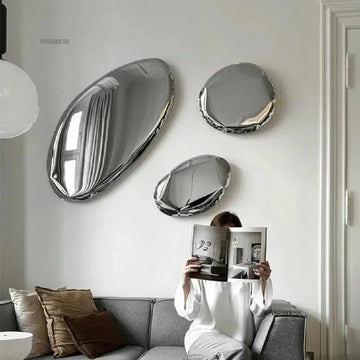 Modern Stainless Steel Water Drop Decorative Mirror Wall Hanging Restaurant Model Room Wall Decoration Pebble Stone Hanging LM8W