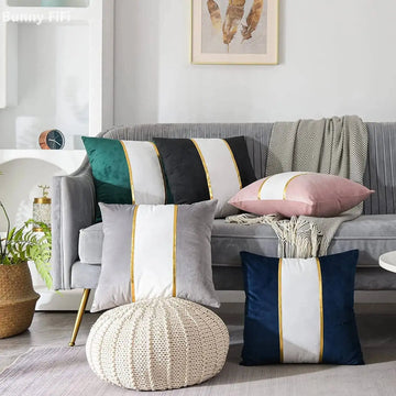 2pcs Velvet Decorative Throw Pillow Covers Solid Patchwork With Gold Leather Cushion Covers For Living Room Sofa Bedroom Decor
