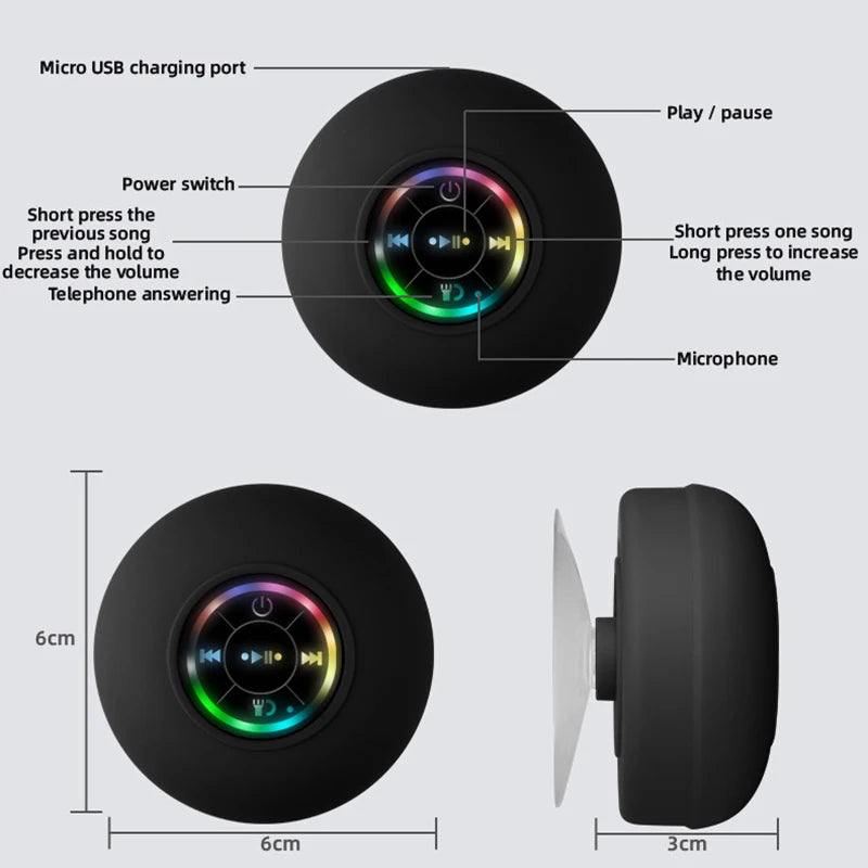 Mini Bluetooth Speaker Shower Subwoofer Waterproof Handsfree Loudspeaker RGB Light with Suction Cup Mic for Bathroom Pool Beach