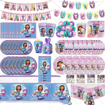 Gabby Dollhouse Birthday Party Supplies Cups Plates Napkins Tablecloth Balloons for Kids Birthday Party Decoration Baby Shower