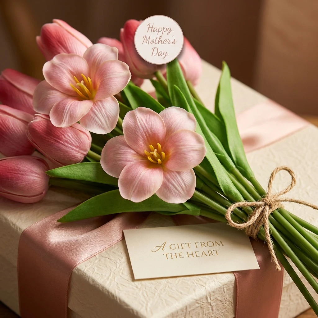 10pc Mxied Pink Artificial Brownie Tulip Bouquet Fake Flowers for Wedding Centerpieces Indoor Home Room Decorations, Moms Gifts