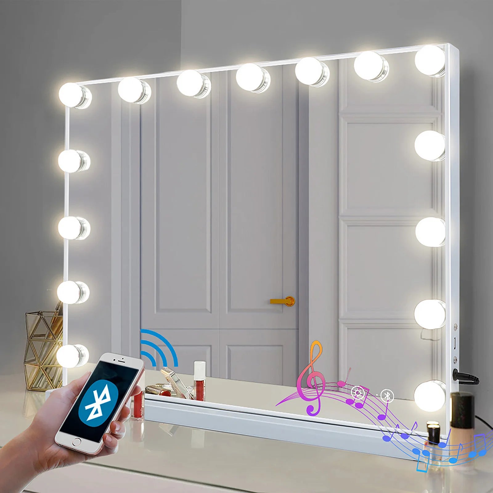 Large Bluetooth Vanity Mirror Makeup Mirror with Lights Hollywood Mirror Touchscreen Control Cosmetic Mirrors with 15 LED Bulbs