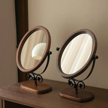 Retro Bedroom Desktop Mirror Solid Wood Makeup Mirror Home Desktop Chinese Style Rotatable Vanity Mirror Room Decoration