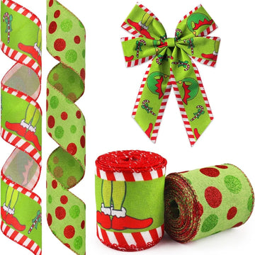 2 Rolls Christmas Ribbon for Wreath Green Dots Monster Ribbon for Gift Wrapping Party Supplies Decoration Wired Winter Christmas