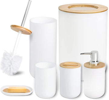 6 Pcs Bamboo Bathroom Accessories Set - Modern White Bath Organizer Kit, Natural Wood Toiletries Holder for Home Decor