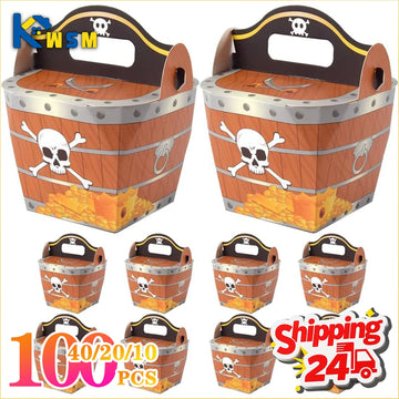 10-100PCS Halloween Party Gold Coin Box Pirate Treasure Chest Paper Gift Box Wood Grain Folding Packaging for Candy Treats