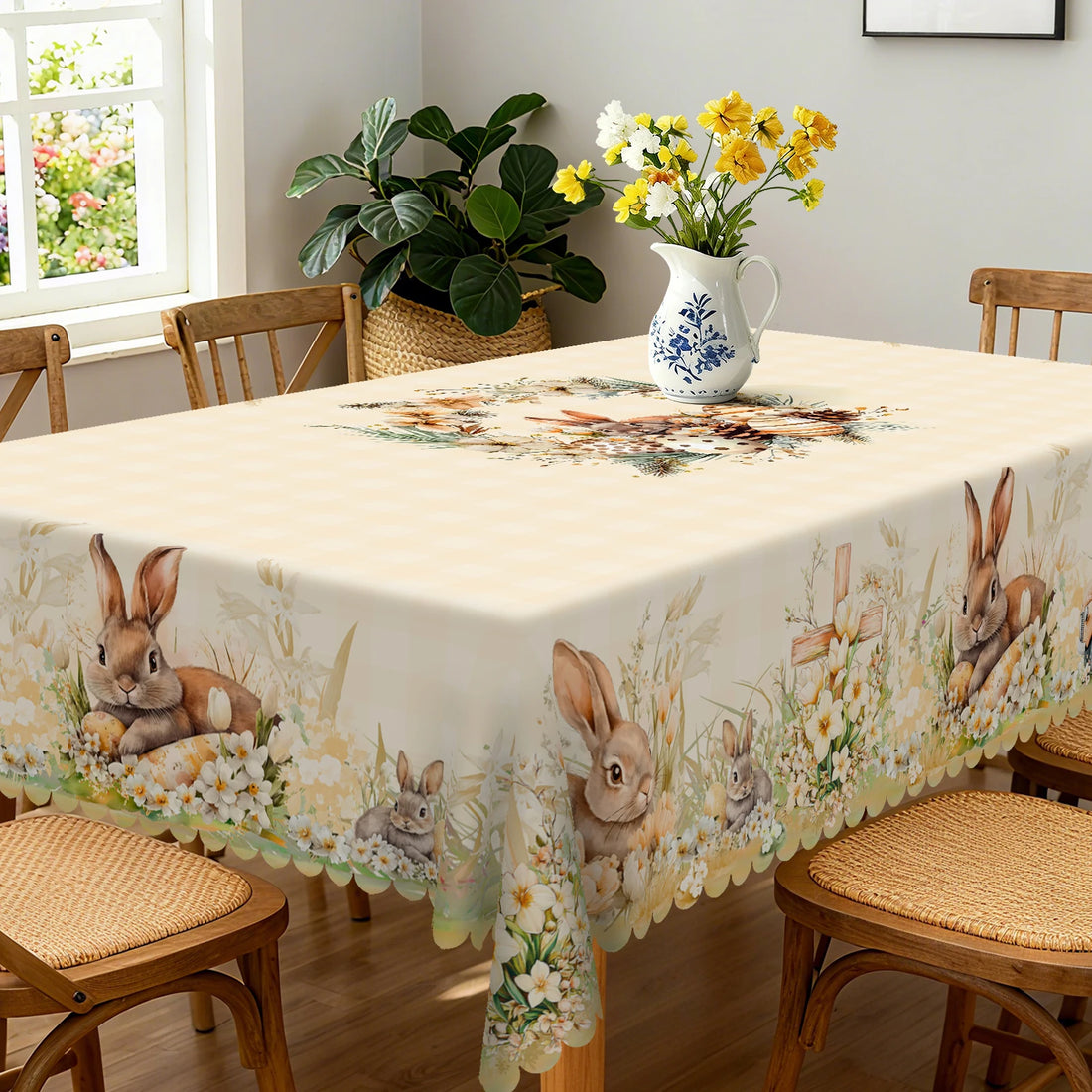 Cute Rabbit-Themed Tablecloth, Apricot Plaid Style, with Tulips, Daisies and Other Flowers, Lying Cute Rabbit, Cross, Pine Cone and Egg Patterns, Multiple Size Options, Embossed Edges, Waterproof, Wrinkle-Resistant, Fade-Resi