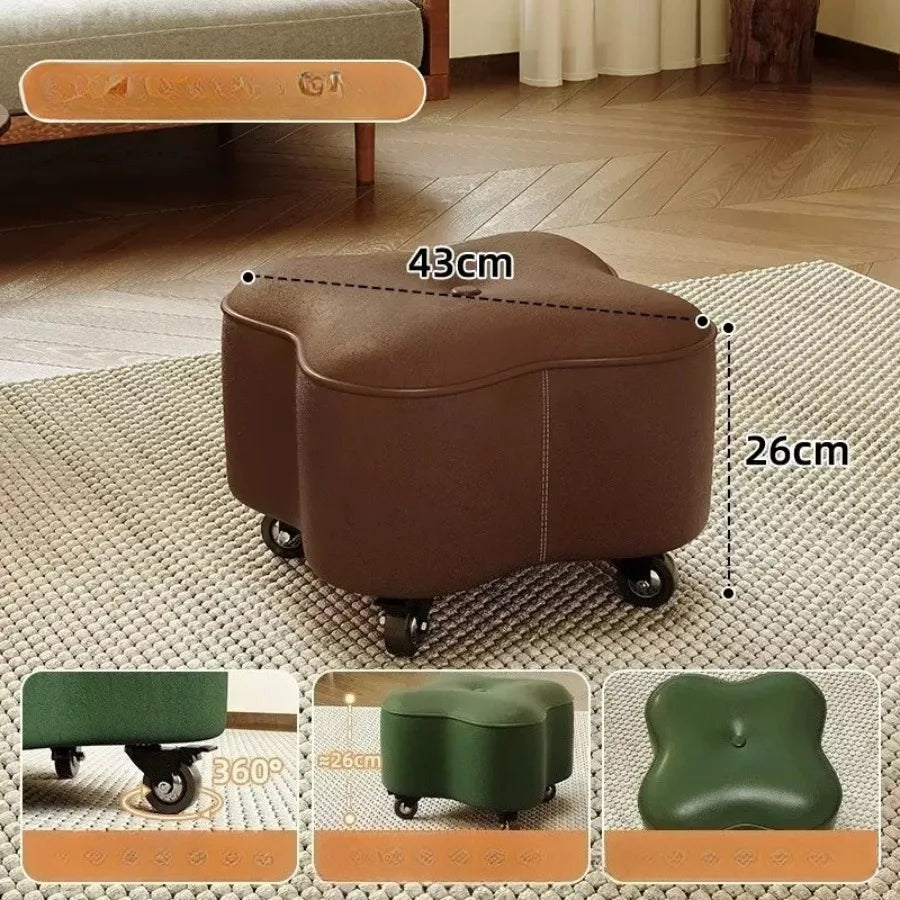 Flower-Shaped PU Leather Stool with Wheels Rolling Low Footrest for Living Room Entryway Home Multipurpose Use Entryway Stool