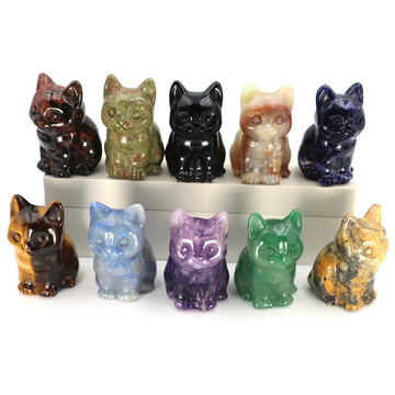 Natural Stone Hand Carved Cat Statue Healing Crystal Amethyst Black Obsidian Animal Figurine Crafts Chakra Meditation Home Decor