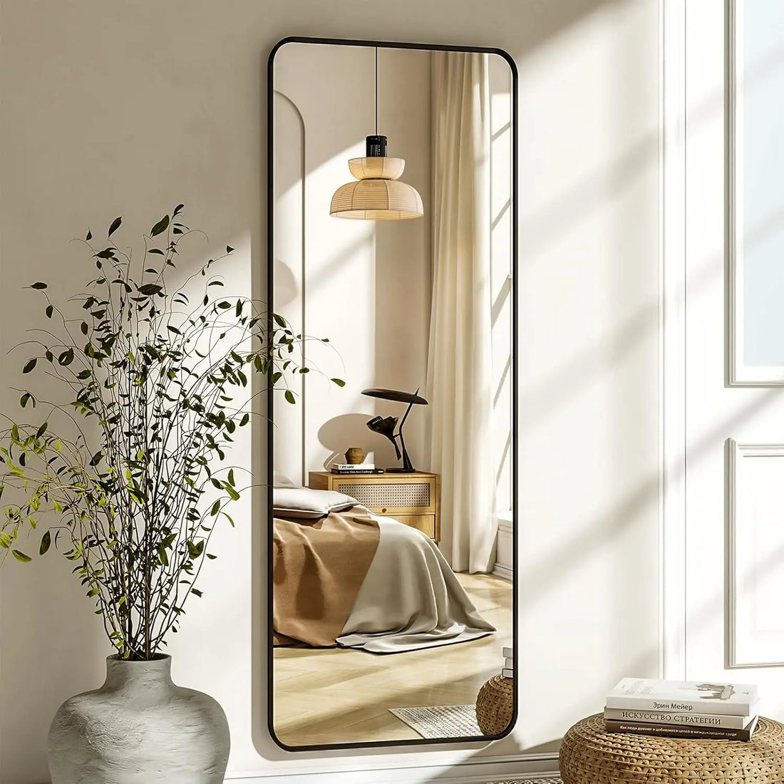 56x21 Inch Full Length Mirror with Stand, Wall Mounted or Leaning for Bedroom Living Room, Black