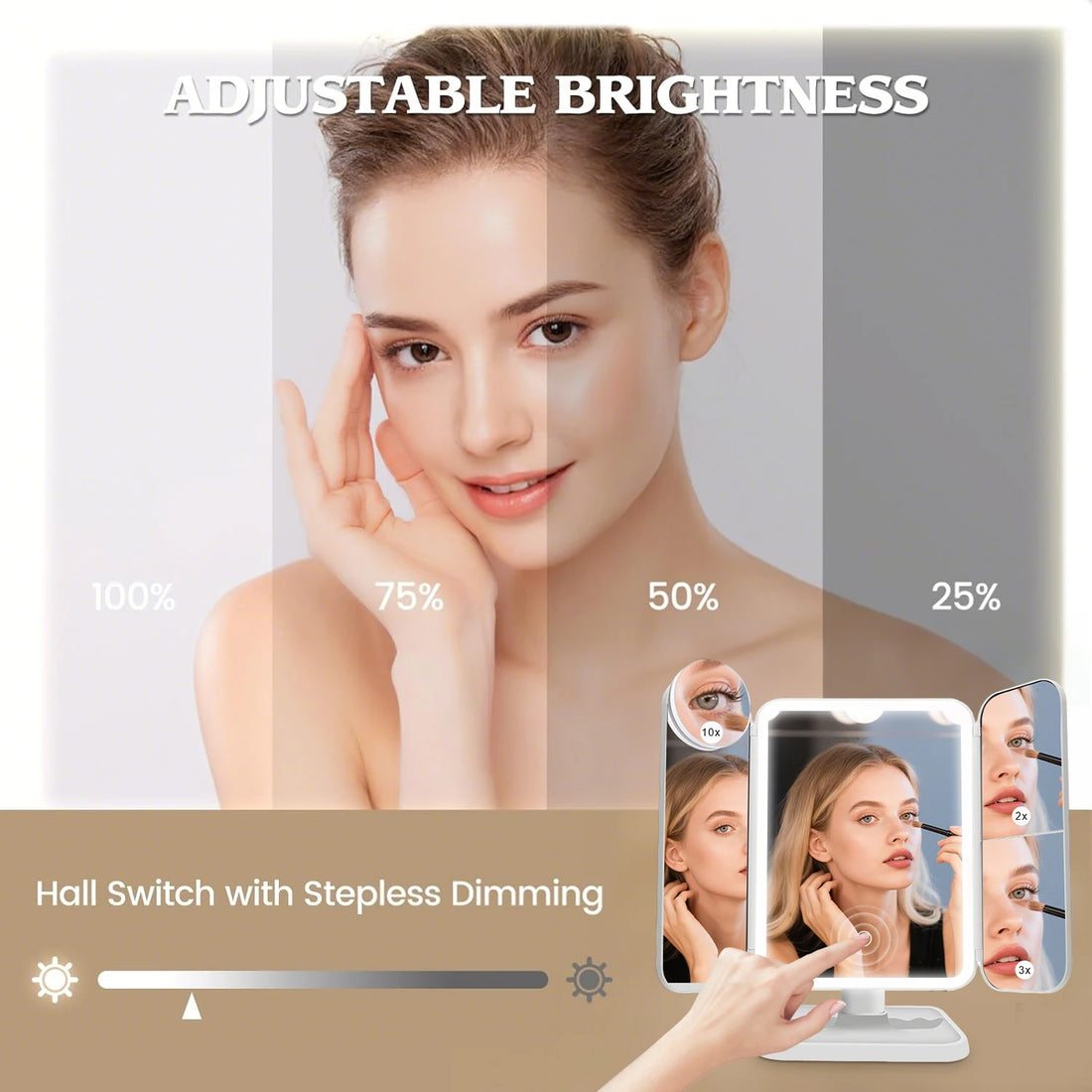 Trifold Lighted Makeup Mirror with 2X/3X/10X Magnification, 3 Color Lights & Touch Sensor Rechargeable Travel Vanity Mirror Gift