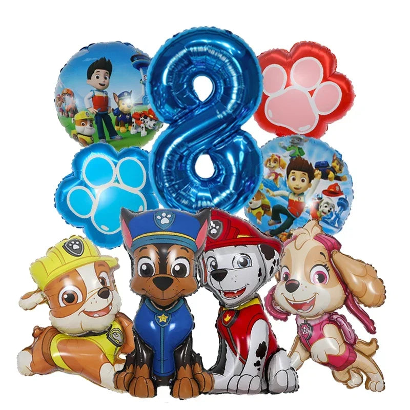 9pcs Cartoon Paw Patrol Foil Balloon Digital Number Supplies Rescue Dog Childrens Birthday Party Decoration Baby Gift Chase Skye