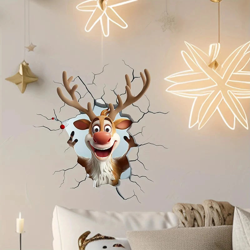 3D Santa Claus Break-Through Wall Decal Reindeer Creative Christmas Wall Stickers Removable Holiday Decor for Holiday Decoration