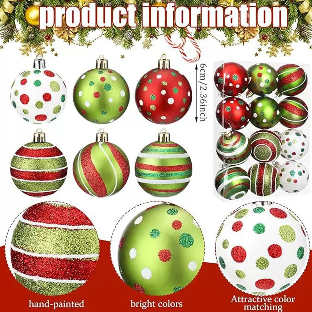 12 Christmas Ball Decorations 6.16 cm Shiny Hanging Christmas Balls for Tree Decoration Red Green Plastic Christmas Decorations