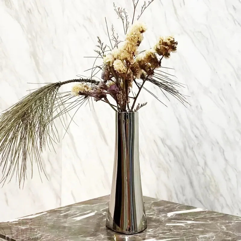 Modern Nordic Flower Vase Silver Stainless Steel Mini Vase Metal Decor Dry Artificial Flowers Bottle Home Desktop Decor Ornament