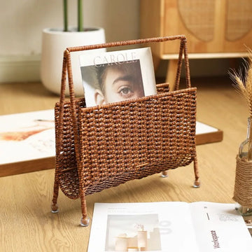 Rattan Magazine Holder Woven Newspaper Storage Rack Living Room Corner Bookshelf Organizer Creative Book Stand Storage Basket