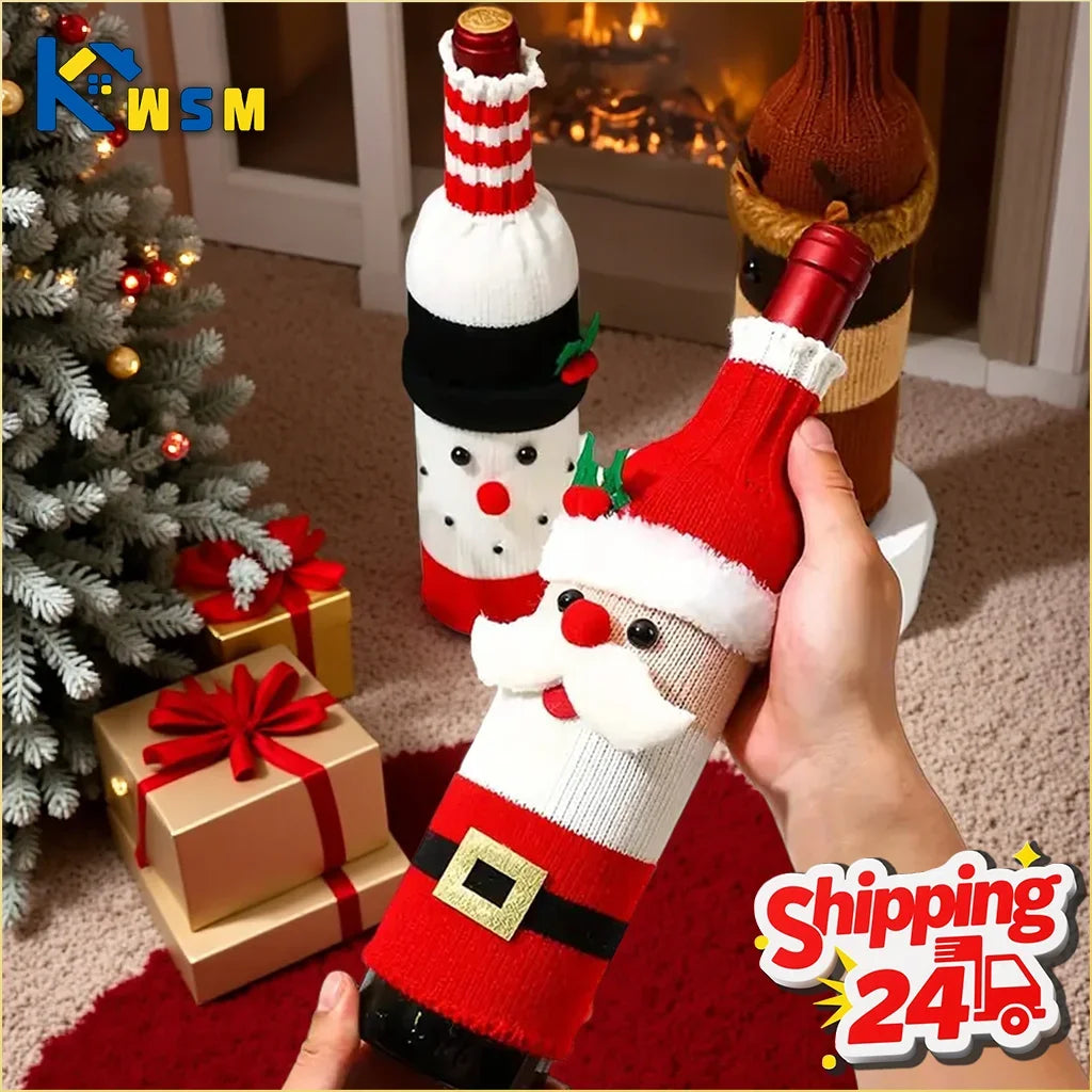 Christmas Sweater Wine Bottle Covers Santa Snowman Knitted Bags for Holiday Party Dinner Table Decoration Gift Supplies