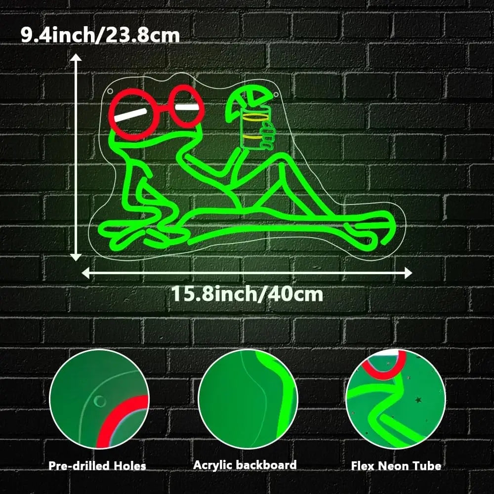   Frog Neon Sign with Drink and Sunglasses Retro LED Wall Art for Bar Home Cafe Decor Cool Lounge Ambiance Lighting  Gift